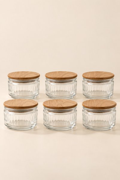 ZURİ DESİGN 6-Piece Glass Breakfast Set – Vacuum-Sealed Jar with Wooden Lid 425 Cc