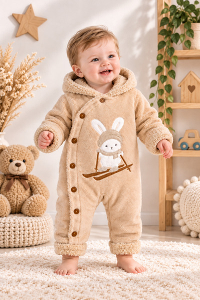 Nehad Bebe Erkek Bebek Welsoft Kapüşonlu Tulum Tavşan Nakışlı İçi Welsoft Kış...