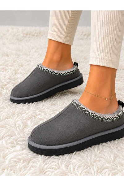 ŞIK VE MUTLU Gray Platform Fur Plush Home Slippers