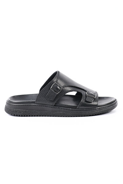 Tuna Genuine Leather Buckle Black Men's Slippers - Mt2912