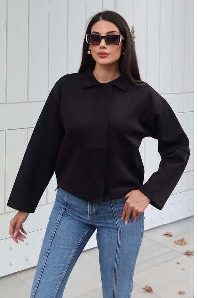 KECHİ WOMAN Diver Fabric Shirt Collar Hidden Button Crop Jacket — Black