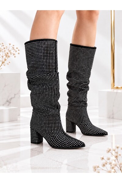 dabab shoes VESSA Γυναικείες μπότες με ασημί πέτρα με λεπτομέρειες, μαύρες μυ...