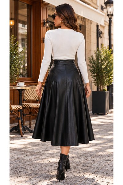 Kokosh moda Women's High Waist A-Line Flared Midi Length Leather Skirt