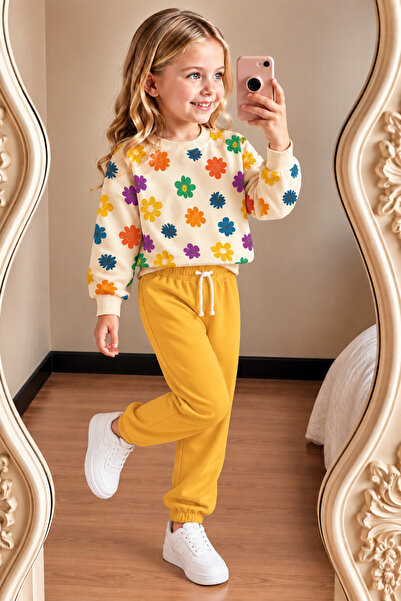 zepkids Girl's Floral Patterned Sweatshirt Mustard Yellow Jogger Tracksuit Set