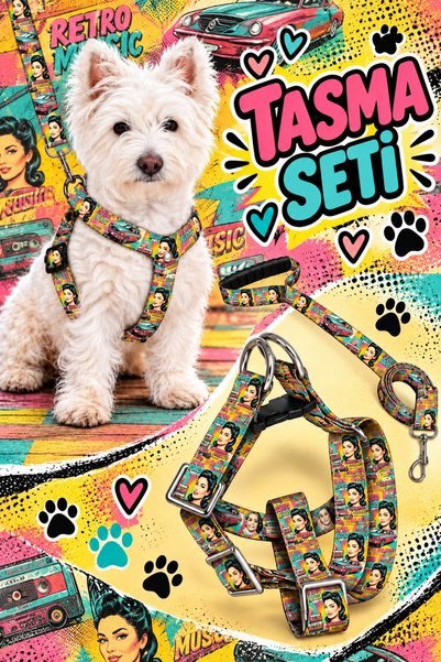Angelapets Retro 80'S, Dog Chest Harness and Walking Strap Set