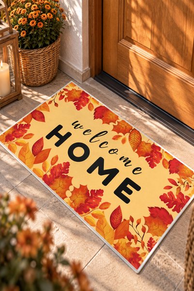 DOREM Dijital Baskı Sonbahar Yapraklı Welcome Home Kapı Önü Paspası Kaymaz Ta...