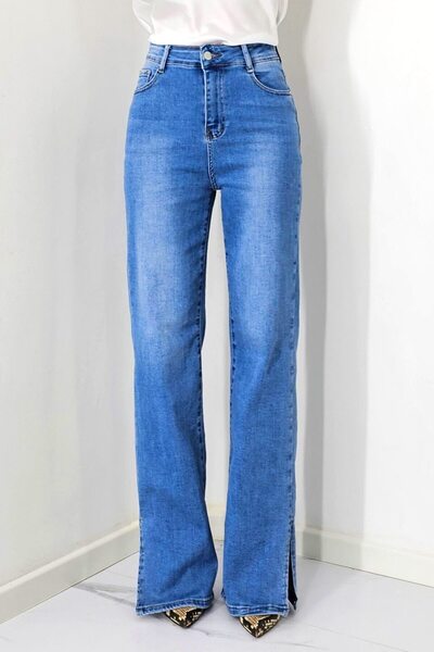 FY FashionForYou Blugi MonTery mom fit, cu șliț scurt la picior și lungime oversize, Albastru spălăcit, Mărimea 36