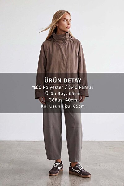 Trend Alaçatı Stili Kadın Kahverengi Kapişonlu Gizli Patlı Oversize Trençkot Alc-X15637