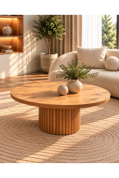 indes home Mona Yuvarlak 70cm çapında Ceviz Renk Ahşap Orta Sehpa