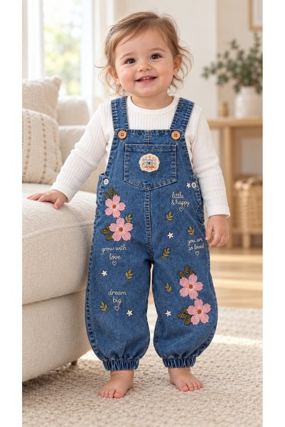 Lovia Baby Kız Bebek Çiçek Nakışlı Kot Salopet ve Beyaz Uzun Kollu Üst 2’li T...