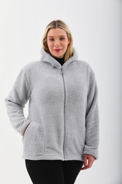 Kardelen Butik Ümraniye Gray Fleece Cardigan with Plush Zipper