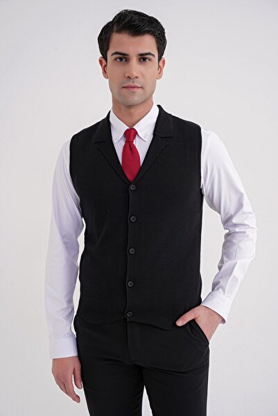 Efor Slim Fit Ceket Yaka Düğmeli Siyah Yünlü Triko Yelek TRY 012