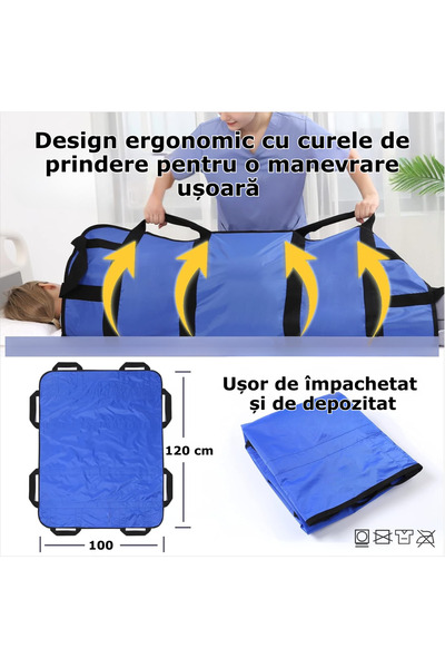Simply Joy Saltea de transfer pentru pacienți Simply Joy, Placă de transfer pentru pat cu mânere, Manevrare ușoară, Lavabilă, pentru persoane cu incontinență, Adulți și copii, 120x100 cm, Albastru