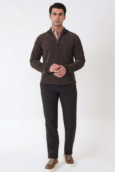 Efor Comfort Fit Zippered Half Turtleneck Ribbed Brown Knitwear Tr 897