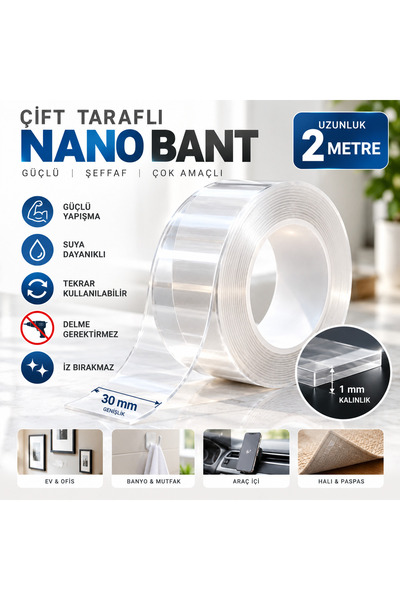 2 Metre Nano Teknolojili Çift Taraflı Bant Süper Güçlü Yapışkan Şeffaf Yüksek Mukavemetli Tekrar Kullanılabilir