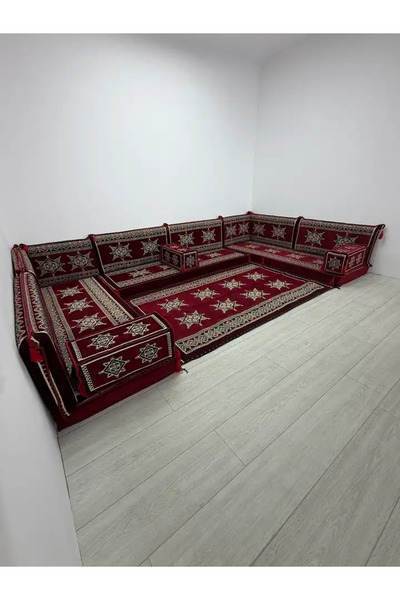Yıldız Modeli Bordo Otantik Şark Köşesi Takımı – U SET - Geleneksel Yer Minderi Seti (10 Cm Minder Kalınlığı) 15 Parça