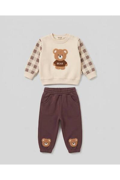 2'li erkek Bebek Bear nakışlı Pamuklu 3 ip şardonlu bebek takım 6-9-9-12 12-18-24 Ay Alt Üst 2'Li yenidoğan Bebek Takımı kışlık takım