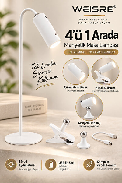 Weisre Şarjlı LED Masa Lambası 4'ü 1 Arada Mıknatıslı Klipsli 3 Işık Modlu Ta...