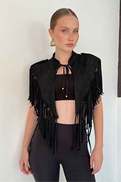 Cistern İstanbul Women's Epaulet Detailed Tasseled Short Poncho