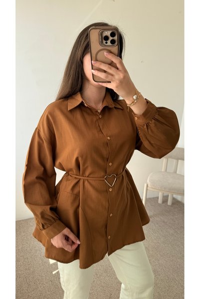Hepsi Moda Heart Belted Pleated Tunic - Hpm - Taba