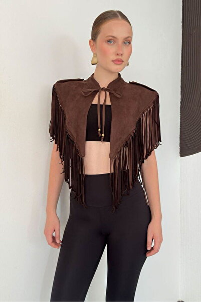 Cistern İstanbul Women's Epaulet Detailed Tasseled Short Poncho