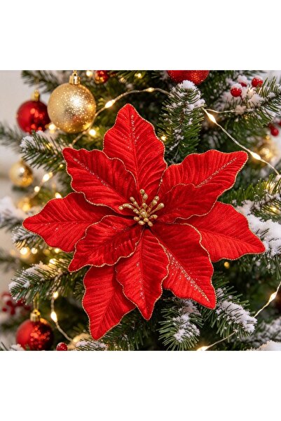 Kmt Style Floare artificială poinsettie roșie de Crăciun cu margini aurii și ...