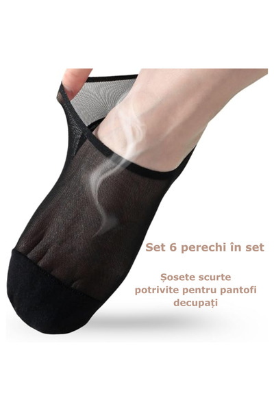 Simply Joy Set de 6 perechi de șosete scurte de damă, subțiri, transparente, invizibile, antiderapante, mărime universală 35-40 EU, pentru mocasini, balerini, pantofi decupați, culoare uni, Negru