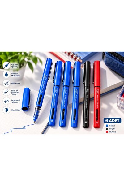 KRAF İğne Uçlu Roller Kalem 0,5 mm ( 4 Mavi & 1 Siyah & 1 Kırmızı ) 6 Adet Kalem Gönderilir