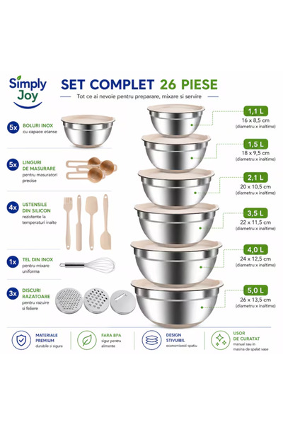 Simply Joy Set de 6 boluri din oțel inoxidabil cu capace Simply Joy, 26 de piese, Oțel inoxidabil, Ușor de curățat, Anti-alunecare, 3 discuri de răzătoare, Ustensile de bucătărie, Linguri de măsurare, Pentru gătit, salate, sosuri, Bej/Argintiu