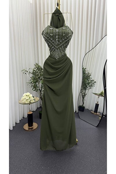 Generic Brand Oil-Colored Corset Evening Gown with Embellishments and Draping