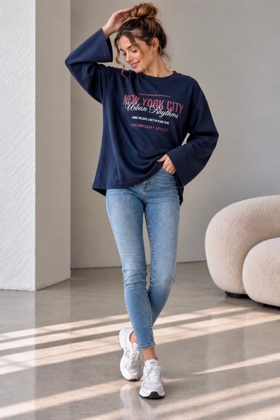 bb butik basic Women's Printed Loose Sleeve Oversize Slim Sweatshirt Trend Model Mu3535
