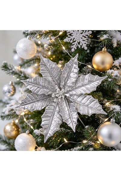 Kmt Style Silver Christmas floral ornament with 8 petals and decorative silve...