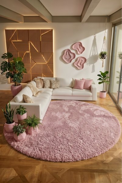 İPEKSER Pembe Kaymaz Taban Peluş Yuvarlak Kesim Salon/Oturma Odası Halısı Toz...
