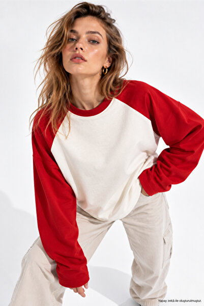WILD BEE Kadın Kırmızı Beyaz Oversize Reglan Kol Pamuklu Sweatshirt