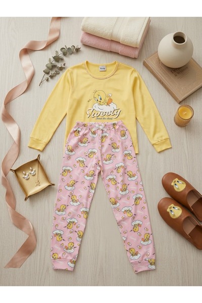 Uğur bebe Girl's 100% cotton yellow tweety patterned seasonal pajama set