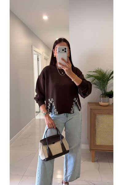 HAZELANNA ETEĞİ TAŞ DETAY TASARIM KADIN KAHVERENGİ SWEATSHIRT