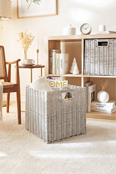 Ocean Home Textile 2'li Yıkanabilir Gri PP Rattan Dolap İçi Çamaşır Çocuk Odası Oyuncak Düzenleyici Saklama Sepeti Organizer 33x33x33