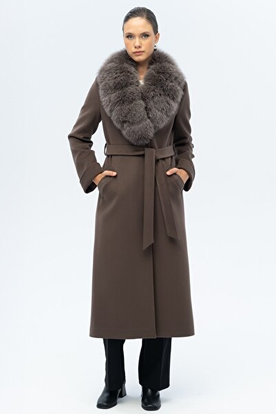 Olcay Detachable Fur Belted Long Cashmere Coat Duman 3133-Tk