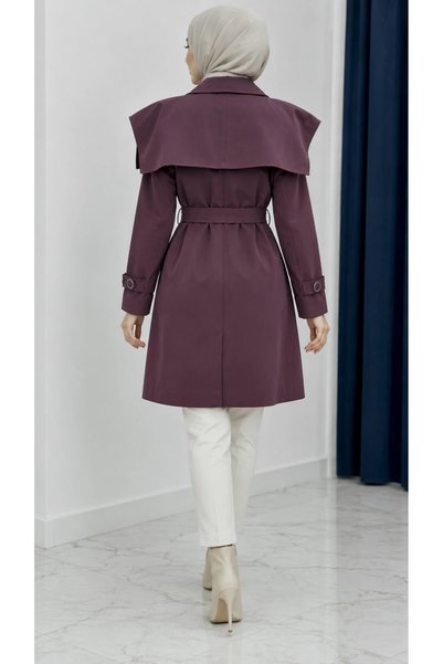 Nevayla Moda معطف ترنش موسمي بأزرار وحزام - أرجواني / M0118