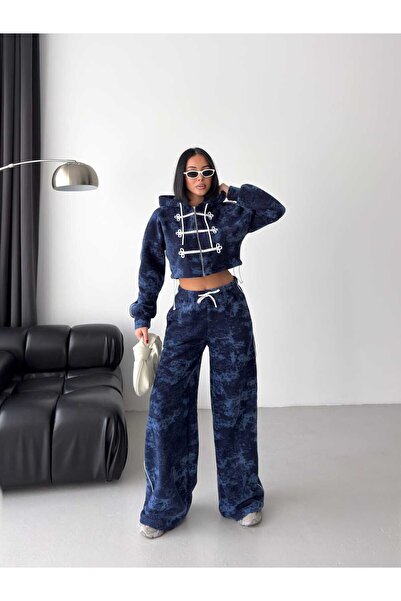 EVOA Women's Navy Blue Hooded Crop Sweat Tracksuit Set