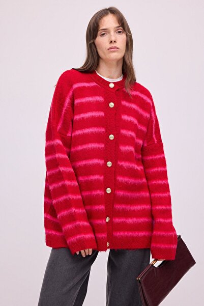 Touché Privé Gold Buttoned Striped Textured Knitted Cardigan