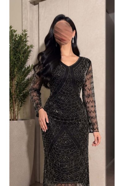 BAKLAFASHO V Neck Long Sleeve Transparent Beaded Geometric Pattern Mermaid Evening Dress - Black