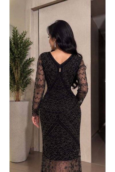 BAKLAFASHO V Neck Long Sleeve Transparent Beaded Geometric Pattern Mermaid Evening Dress - Black