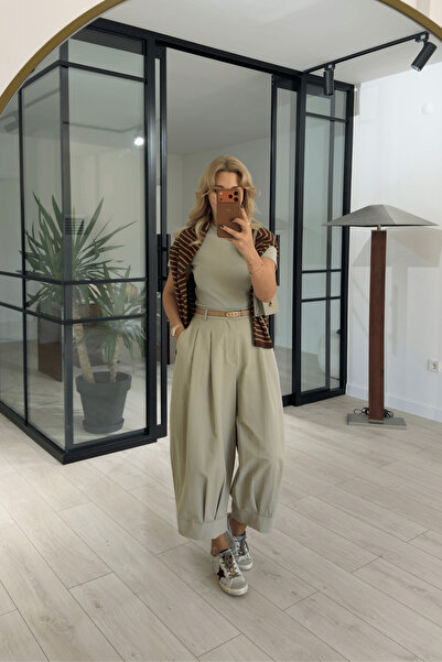 HAZELANNA ÇIFT PENSLI ADA ÇAYI YEŞİLİ BARREL GENİŞ PAÇA KADIN PANTOLON