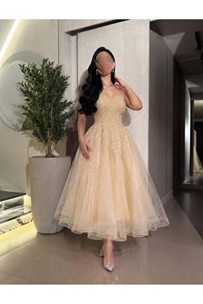BAKLAFASHO Strapless Sweetheart Neckline Corset Bodice Beaded Sequined Midi E...