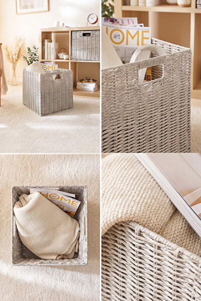 Ocean Home Textile 2'li Yıkanabilir Gri PP Rattan Dolap İçi Çamaşır Çocuk Odası Oyuncak Düzenleyici Saklama Sepeti Organizer 33x33x33