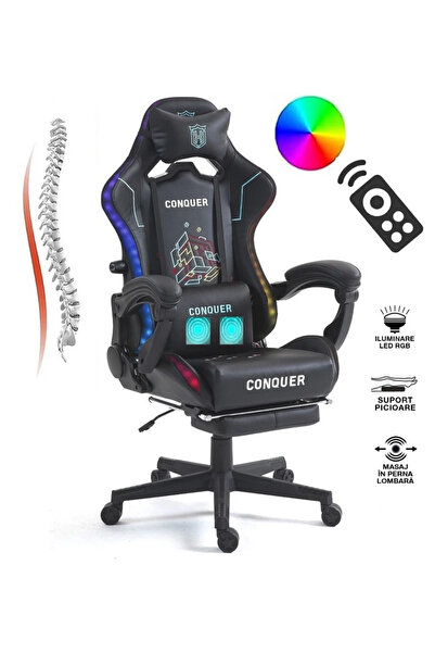Topscaune Scaun gaming cu masaj în perna lombară, sistem iluminare bandă LED ...