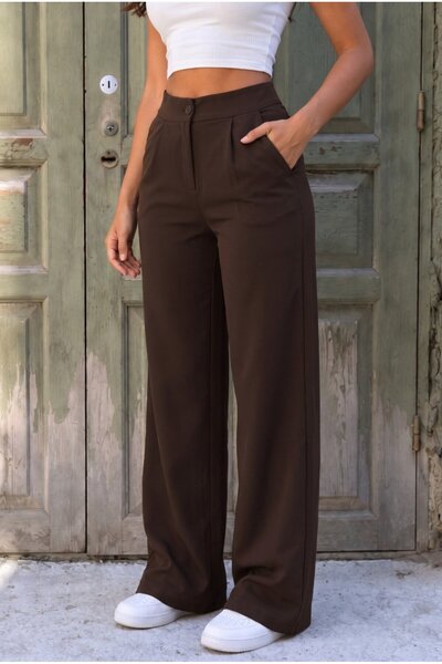 alanora Brown High Waist Loose Fit Fabric Trousers with Pockets