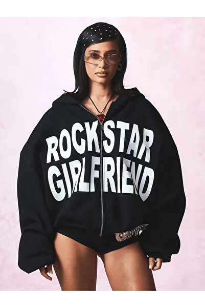 Machetta سترة نسائية بقلنسوة وسحاب بتصميم ستريت ستايل مطبوع عليها Rock Star G...