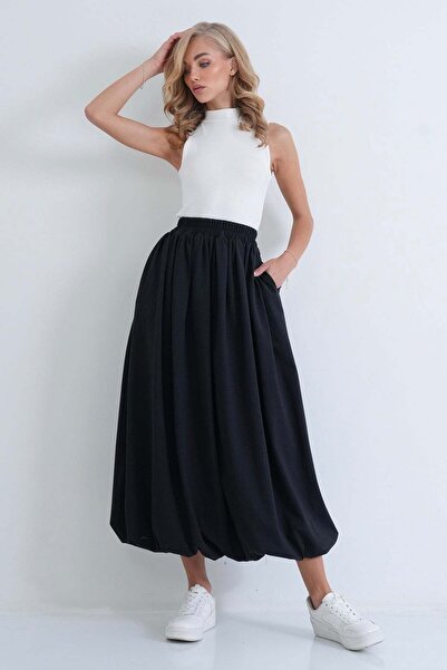 Trend Alaçatı Stili Women's black elastic waist balloon cut lined skirt alc-x...